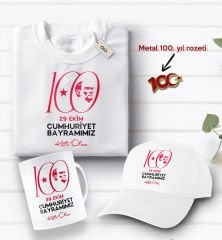 BK Gift 100. Yıl Hatırası Beyaz Tişört, Kupa Bardak, Şapka ve Metal Rozet Hediye Seti-3, 29 Ekim Hediyesi, Cumhuriyet Bayramı, 100.Yıl Hediyesi
