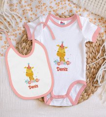 BK Kids Kişiye Özel İsimli Pembe Bebek Body Zıbın ve Mama Önlüğü Hediye Seti-21