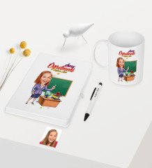 Kişiye Özel Bayan Öğretmen Temalı Karikatürlü Beyaz Defter Kalem Kupa Seti - 1