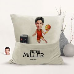 BK Gift Kişiye Özel Basketbolcu Karikatür Tasarımlı Organizer Kumanda ve Atıştırmalık Cepli Sarı Kırlent Yastık-1 Arkadaşa Hediye, Cepli Yastık