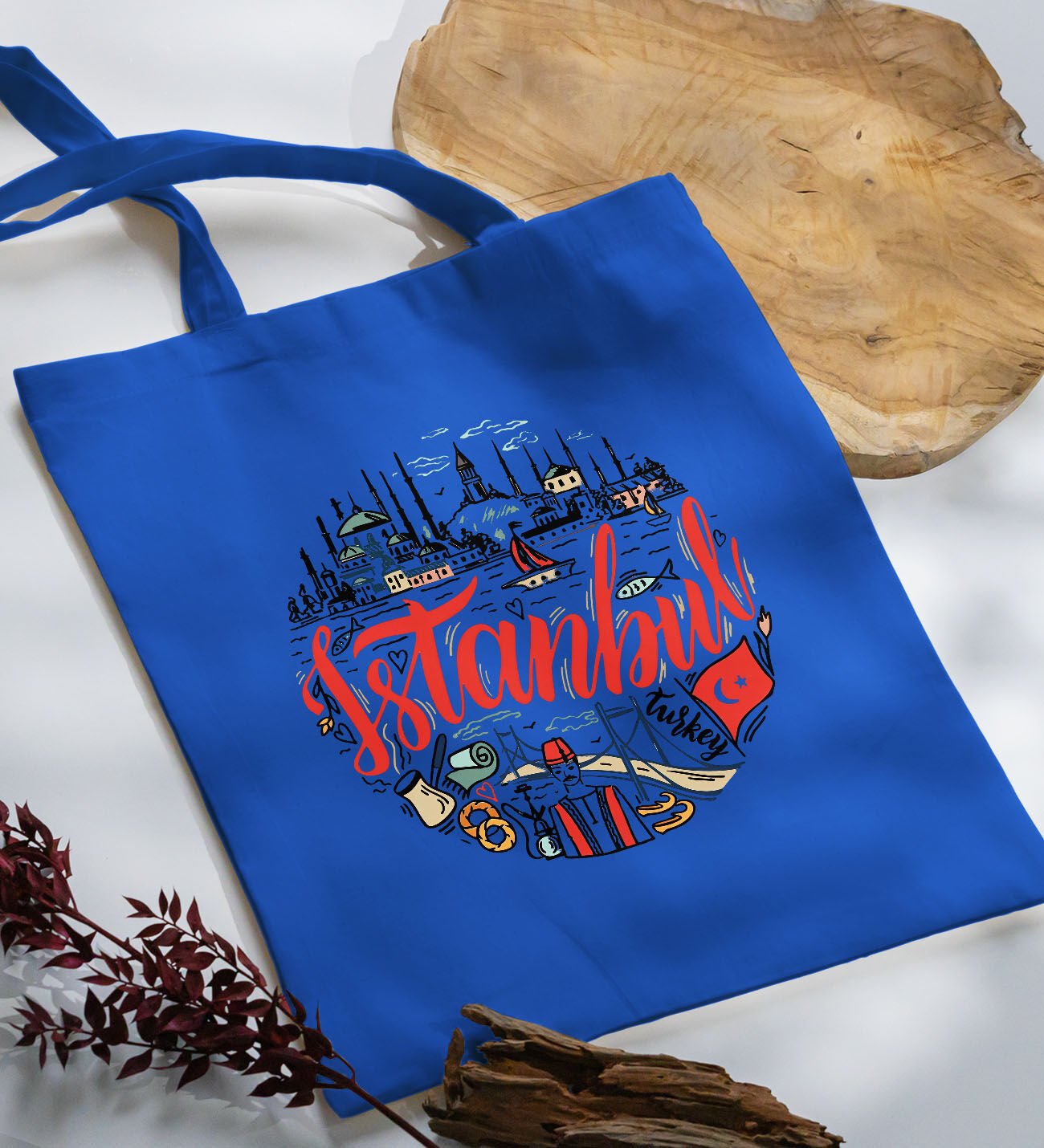 BK Gift İstanbul Tasarımlı-1 Mavi Kumaş Bez Çanta, Baskılı Omuz Çantası, Alışveriş Çantası, Arkadaşa Hediye