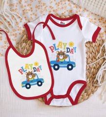 BK Kids Play Day Tasarımlı Kırmızı Bebek Body Zıbın ve Mama Önlüğü Hediye Seti-1
