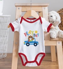 BK Kids Play Day Tasarımlı Kırmızı Bebek Body Zıbın ve Mama Önlüğü Hediye Seti-1