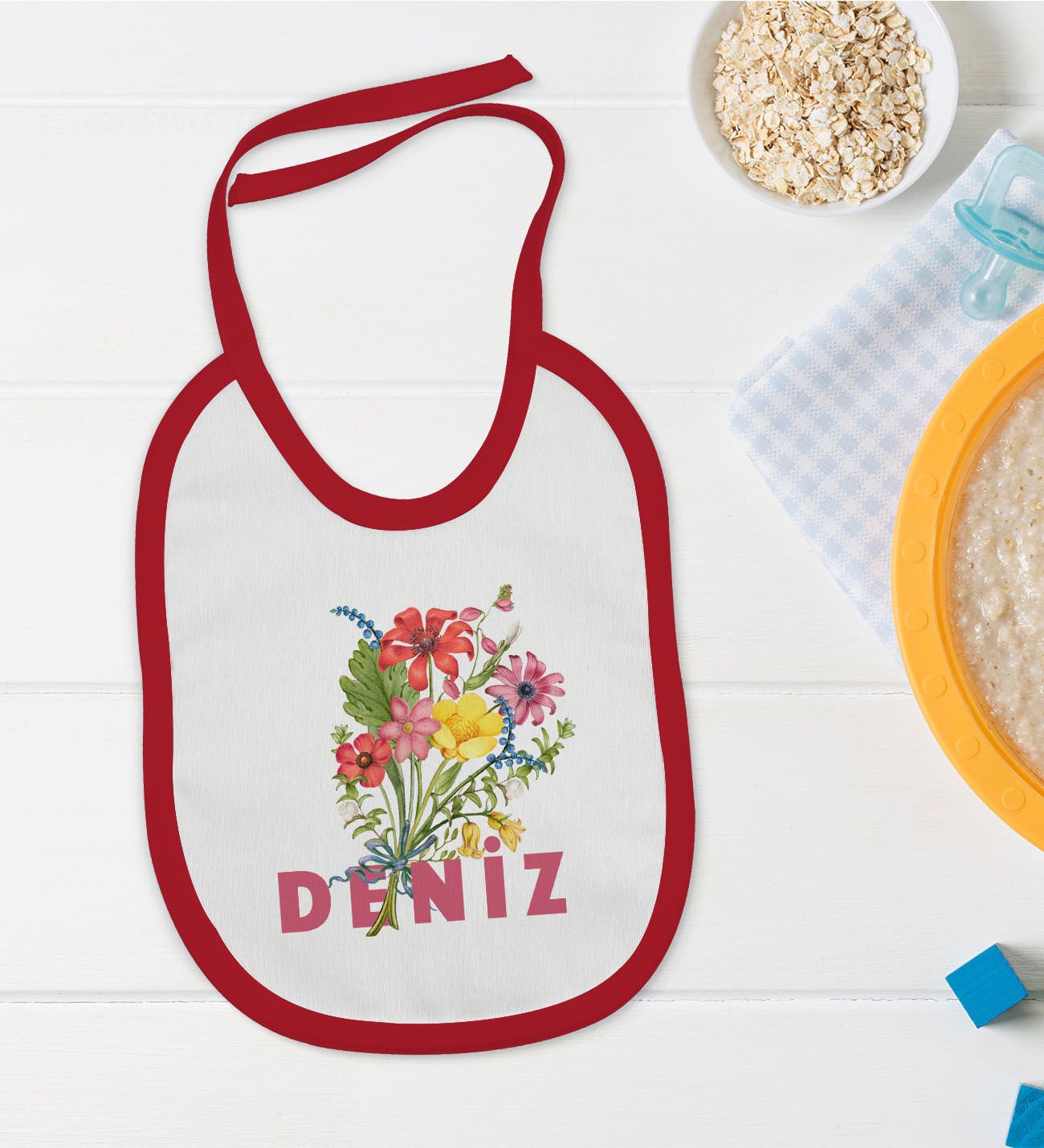 BK Kids Kişiye Özel İsimli Kırmızı Bebek Mama Önlüğü-9
