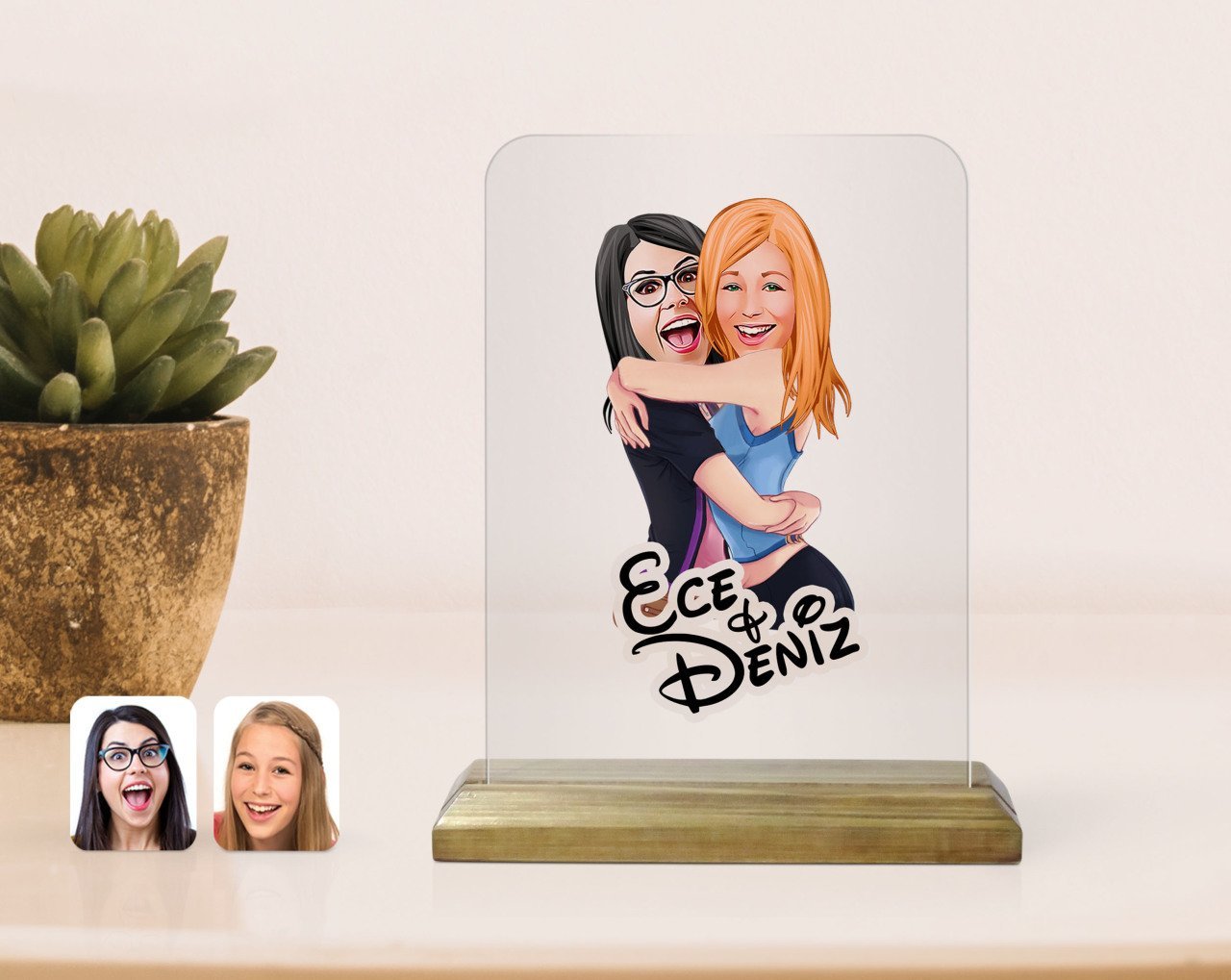 Kişiye Özel Kız Kardeşler Karikatürlü Ahşap Standlı Çerçeve-10