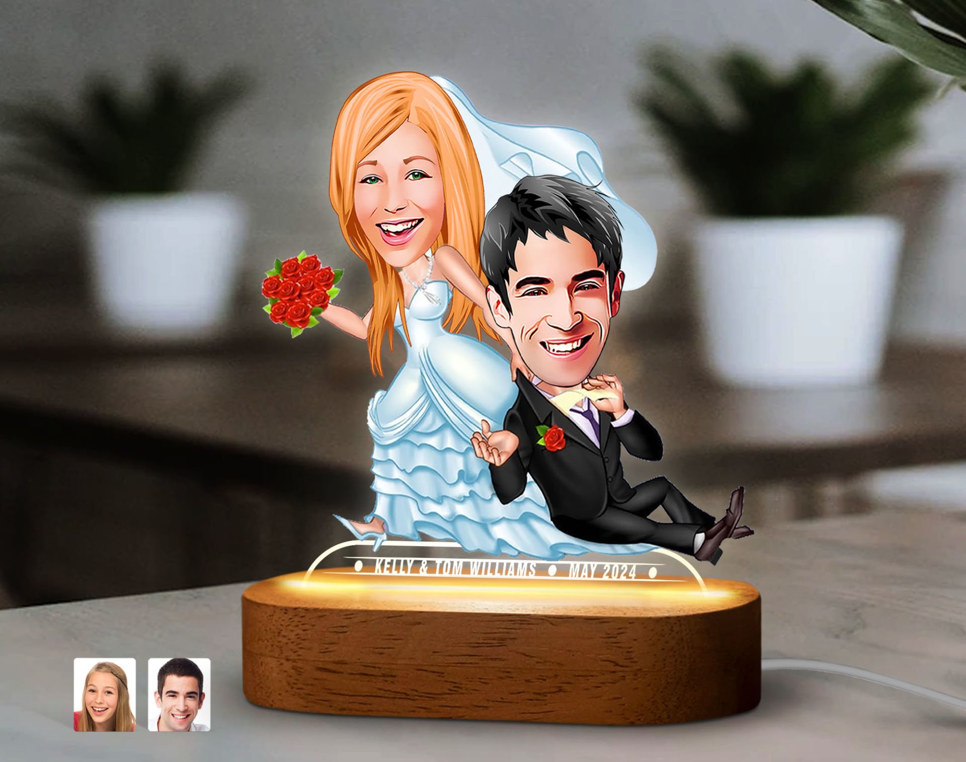 BK Gift Kişiye Özel Yeni Evli Çift  Karikatürlü Dekoratif 3D Biblo LED Işıklı Gece Lambası-3, Düğün Hediyesi, Yıl Dönümü Hediyesi
