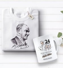 BK Gift Kişiye Özel Öğretmenler Günü Tasarımlı Kupa Bardak ve Atatürk Baskılı Tişört Hediye Seti- 3-18, Öğretmene Hediye, Öğretmenler Günü, 100. Yıl Hediyesi