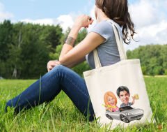BK Gift Kişiye Özel Sevgililer Karikatürlü Kanvas Bez Çanta, Baskılı Omuz Çantası, Alışveriş Çantası, Plaj Çantası, Sevgiliye Hediye-11