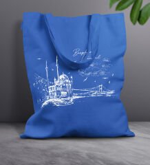 BK Gift İstanbul Tasarımlı-2 Mavi Kumaş Bez Çanta, Baskılı Omuz Çantası, Alışveriş Çantası, Arkadaşa Hediye