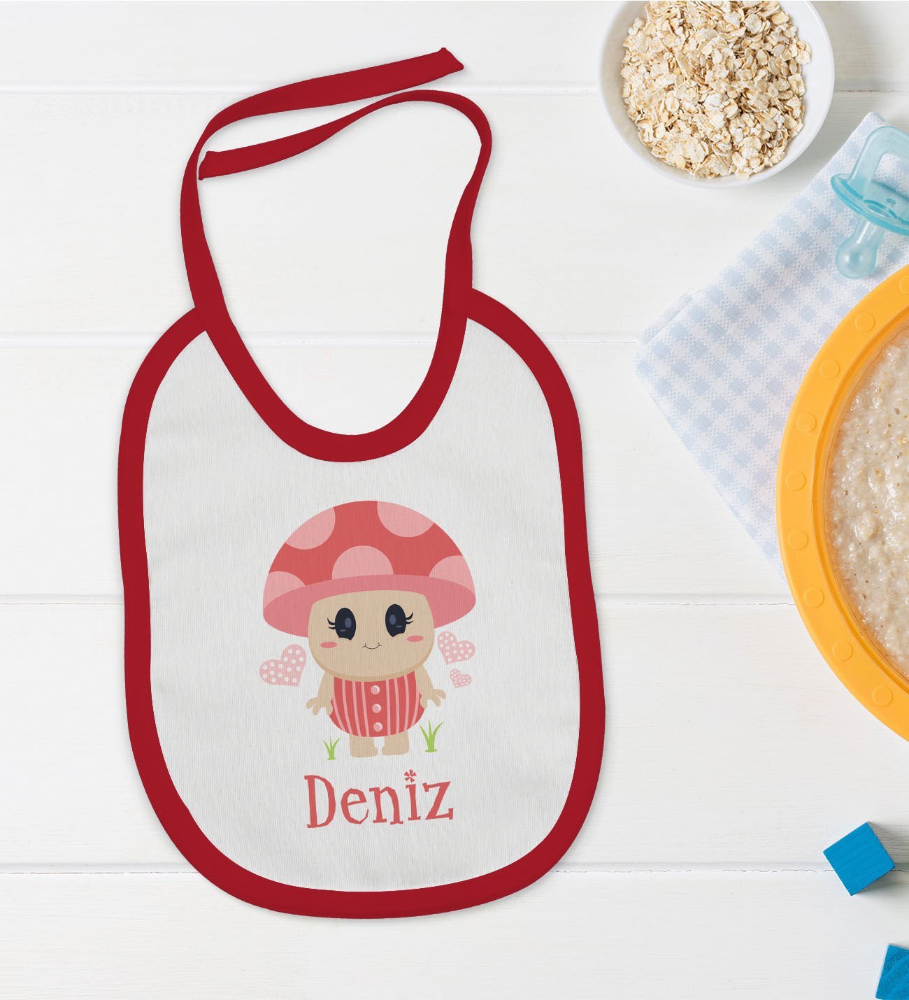 BK Kids Kişiye Özel İsimli Kırmızı Bebek Mama Önlüğü-10