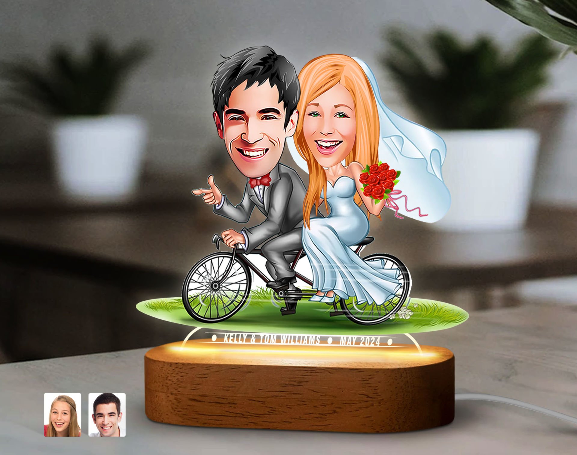 BK Gift Kişiye Özel Yeni Evli Çift  Karikatürlü Dekoratif 3D Biblo LED Işıklı Gece Lambası-4, Düğün Hediyesi, Yıl Dönümü Hediyesi