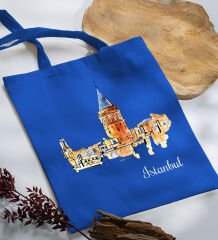 BK Gift İstanbul Tasarımlı-3 Mavi Kumaş Bez Çanta, Baskılı Omuz Çantası, Alışveriş Çantası, Arkadaşa Hediye