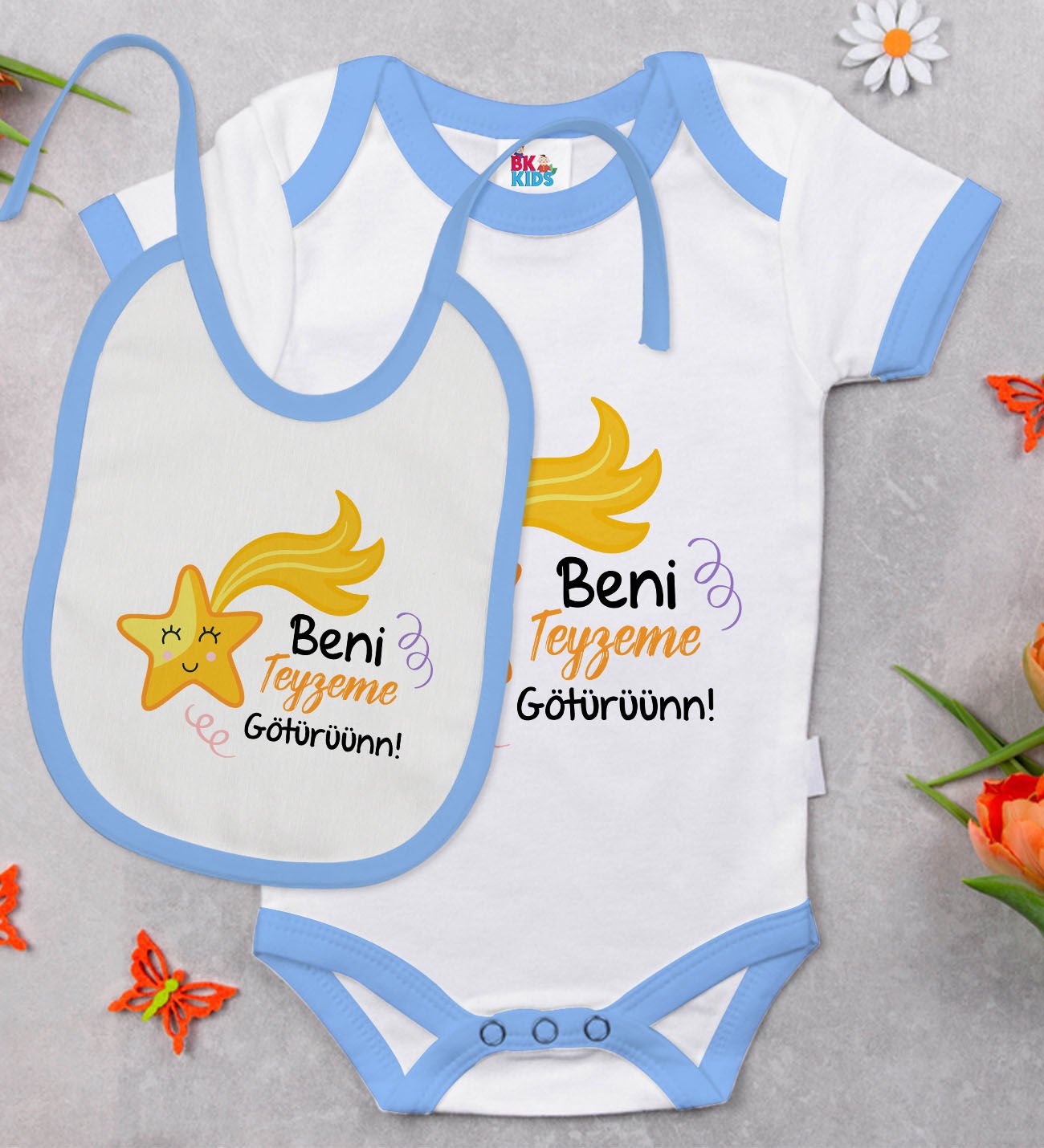 BK Kids Beni Teyzeme Götürün Tasarımlı Mavi Bebek Body Zıbın ve Mama Önlüğü Hediye Seti-1