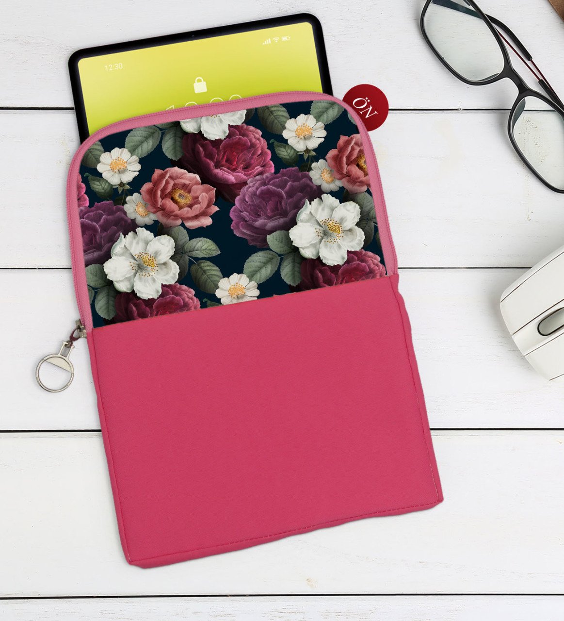 BK Gift Çiçekler Tasarımlı Taşınabilir Koruyucu Tablet Kılıfı & Organizer Çanta - Pembe-2