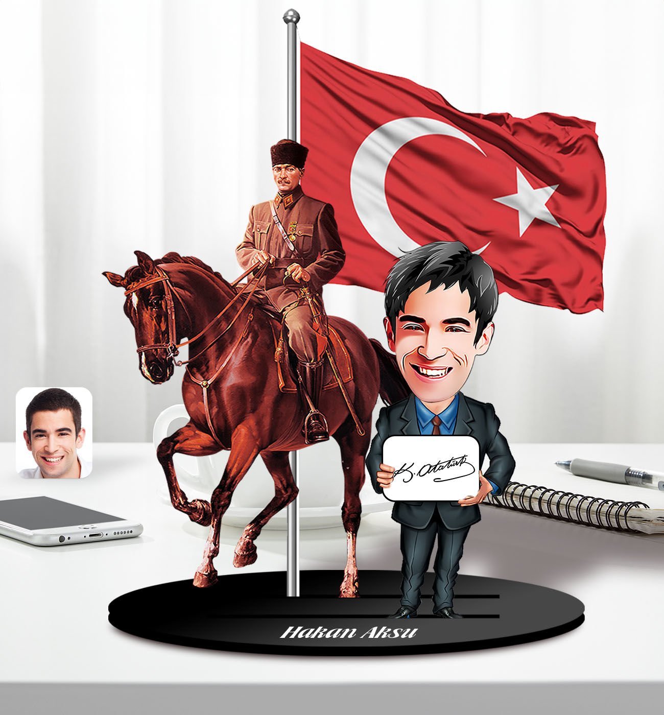 BK Gift Kişiye Özel Atatürk ve Erkek Öğretmen Temalı 2 Katmanlı Karikatürlü Ahşap Biblo- 1, Öğretmene Hediye, Öğretmenler Günü, 100. Yıl Hediyesi