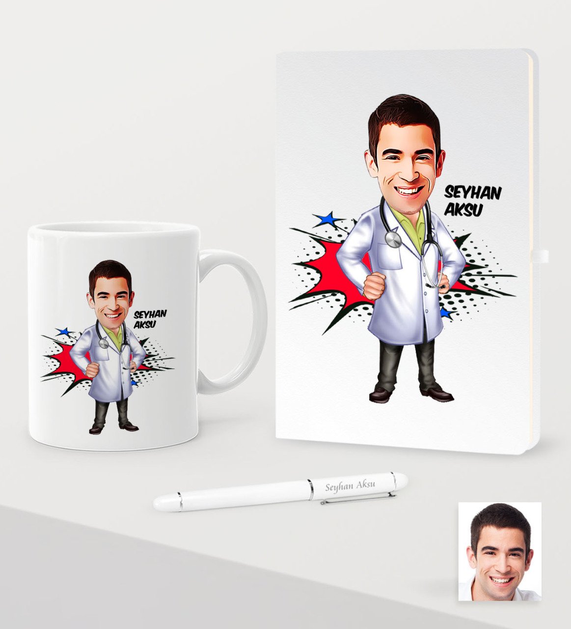 Kişiye Özel Bay Doktor Karikatürlü Beyaz Defter Kalem Kupa Seti - 2