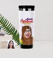 Kişiye Özel Tesettürlü Bayan Öğretmen Karikatürlü Çelik Termos Bardak - 3