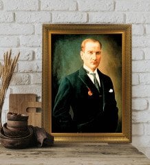 Altın Yaldız Çerçeveli A3 Atatürk Tablosu - 7