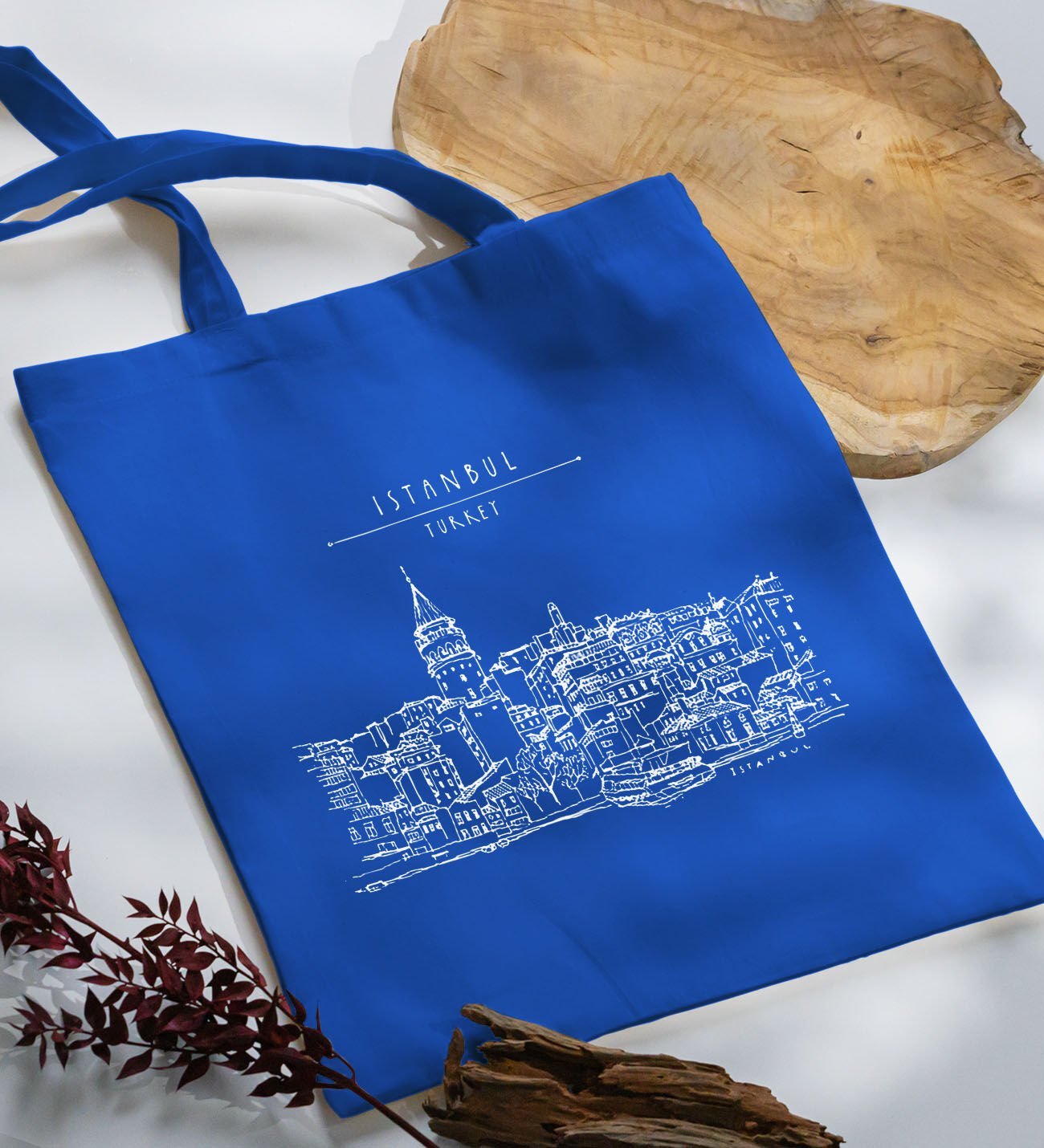BK Gift İstanbul Tasarımlı-4 Mavi Kumaş Bez Çanta, Baskılı Omuz Çantası, Alışveriş Çantası, Arkadaşa Hediye