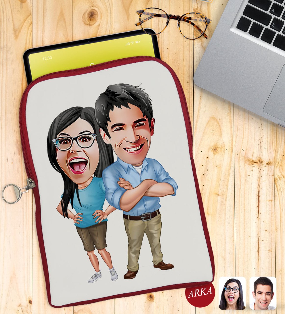 Kişiye Özel Sevgililer Karikatürlü Taşınabilir Koruyucu Tablet Kılıfı & Organizer Çanta - Kırmızı-101