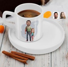 BK Gift Kişiye Özel Sunum Tabaklı Baba Kız Karikatürlü Kahve Fincanı-20, Aileye Hediye, Arkadaşa Hediye