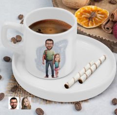 BK Gift Kişiye Özel Sunum Tabaklı Baba Kız Karikatürlü Kahve Fincanı-20, Aileye Hediye, Arkadaşa Hediye