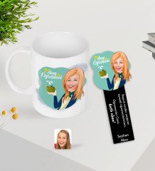 Kişiye Özel Kadın Sınıf Öğretmeni Karikatürlü Kupa Bardak ve Ahşap Kitap Ayracı-1