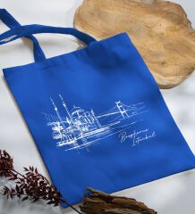 BK Gift İstanbul Tasarımlı-5 Mavi Kumaş Bez Çanta, Baskılı Omuz Çantası, Alışveriş Çantası, Arkadaşa Hediye