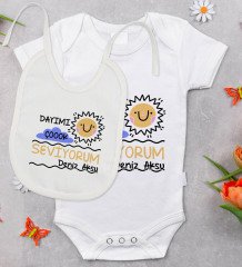 BK Kids Kişiye Özel Dayımı Çok Seviyorum Tasarımlı Bebek Body Zıbın ve Mama Önlüğü Hediye Seti - Model 1
