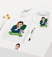 Kişiye Özel Bay En İyi Öğretmen Temalı Karikatürlü Beyaz Defter Kalem Kupa Seti