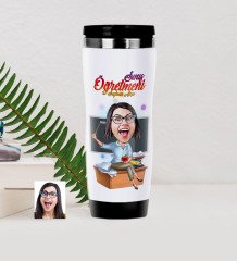Kişiye Özel Bayan Öğretmen Karikatürlü Çelik Termos Bardak - 2