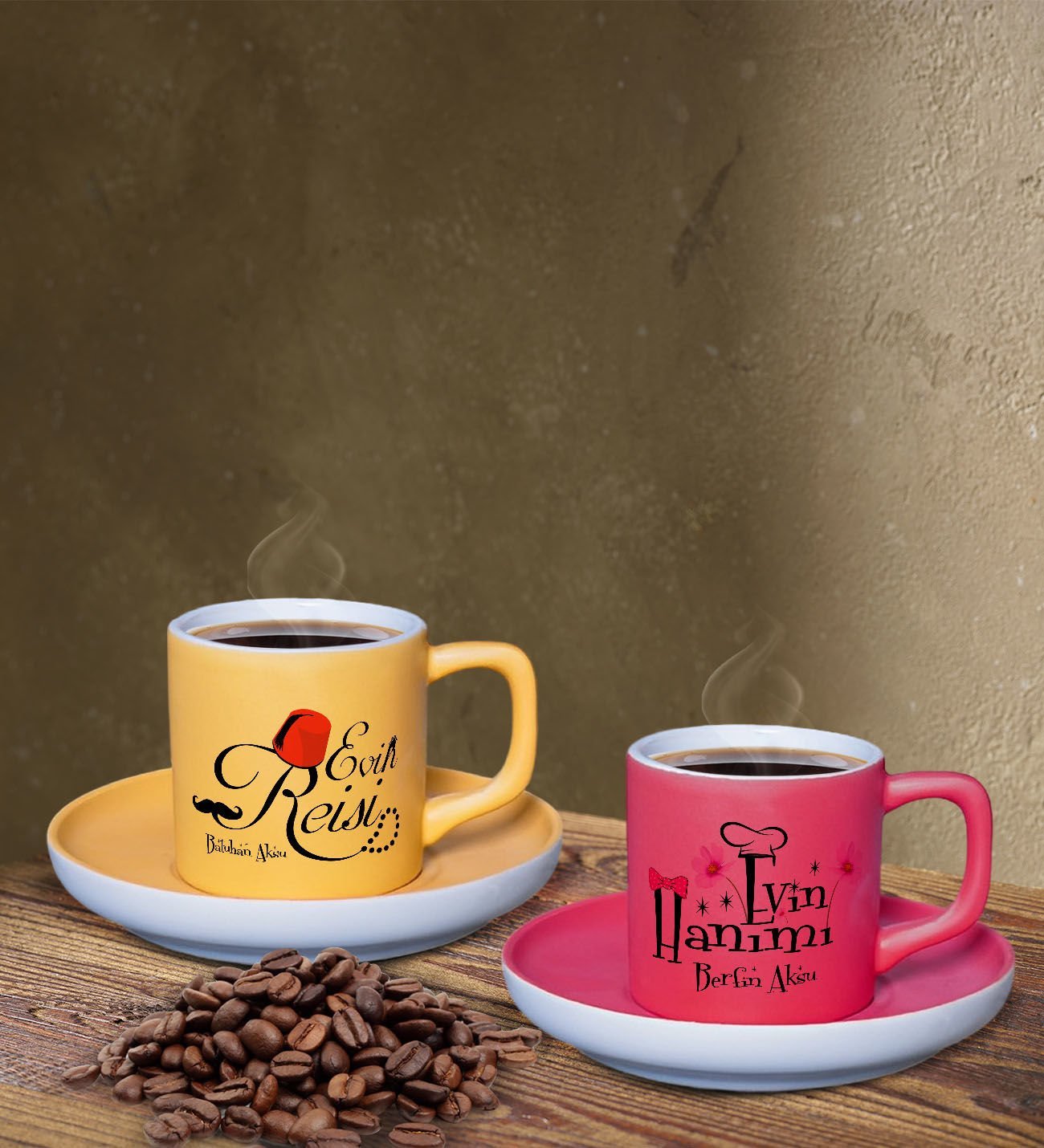 BK Gift Kişiye Özel Evin Reisi ve Hanımı Temalı Sarı ve Fuşya Renk İkili Türk Kahvesi Fincan Seti-1, Ev Hediyesi, Arkadaşa Hediye, Doğum Günü Hediyesi
