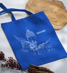 BK Gift İstanbul Tasarımlı-6 Mavi Kumaş Bez Çanta, Baskılı Omuz Çantası, Alışveriş Çantası, Arkadaşa Hediye