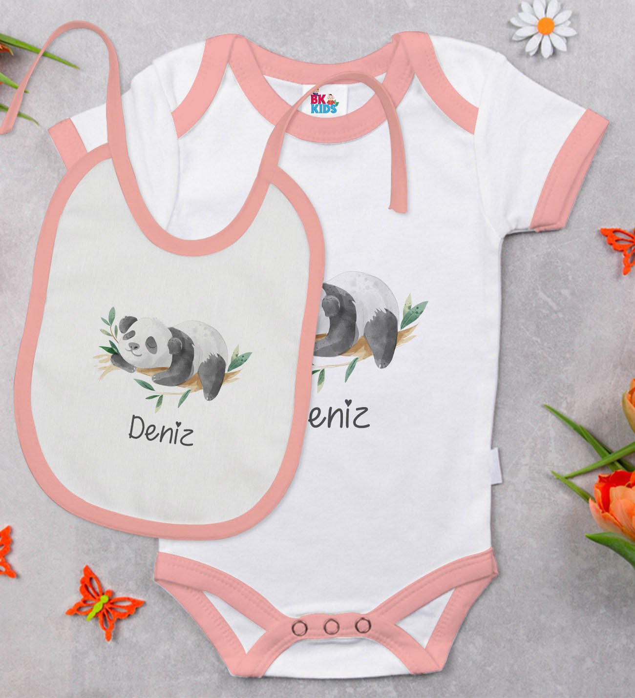 BK Kids Kişiye Özel İsimli Pembe Bebek Body Zıbın ve Mama Önlüğü Hediye Seti-22
