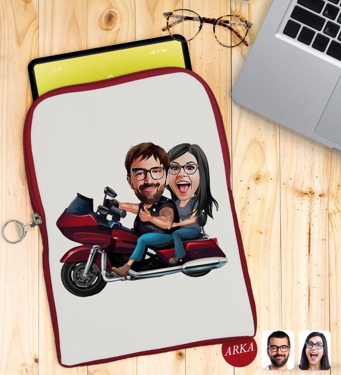 Kişiye Özel Sevgililer Karikatürlü Taşınabilir Koruyucu Tablet Kılıfı & Organizer Çanta - Kırmızı-103