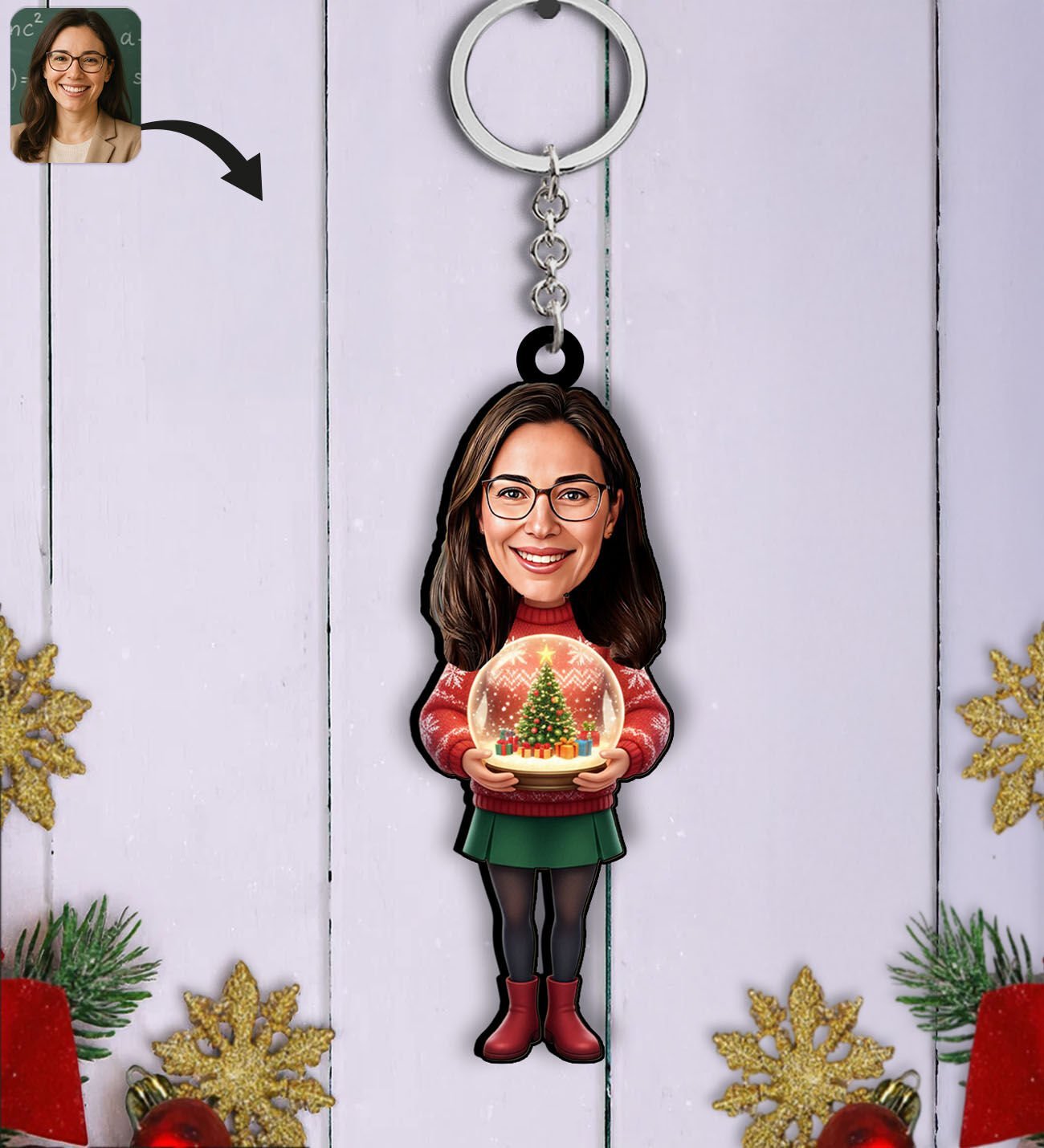 BK Gift Kişiye Özel Kadın Yılbaşı Karikatürlü Ahşap Anahtarlık -9, Yeni Yıl Hediyesi, Yılbaşı Hediyesi