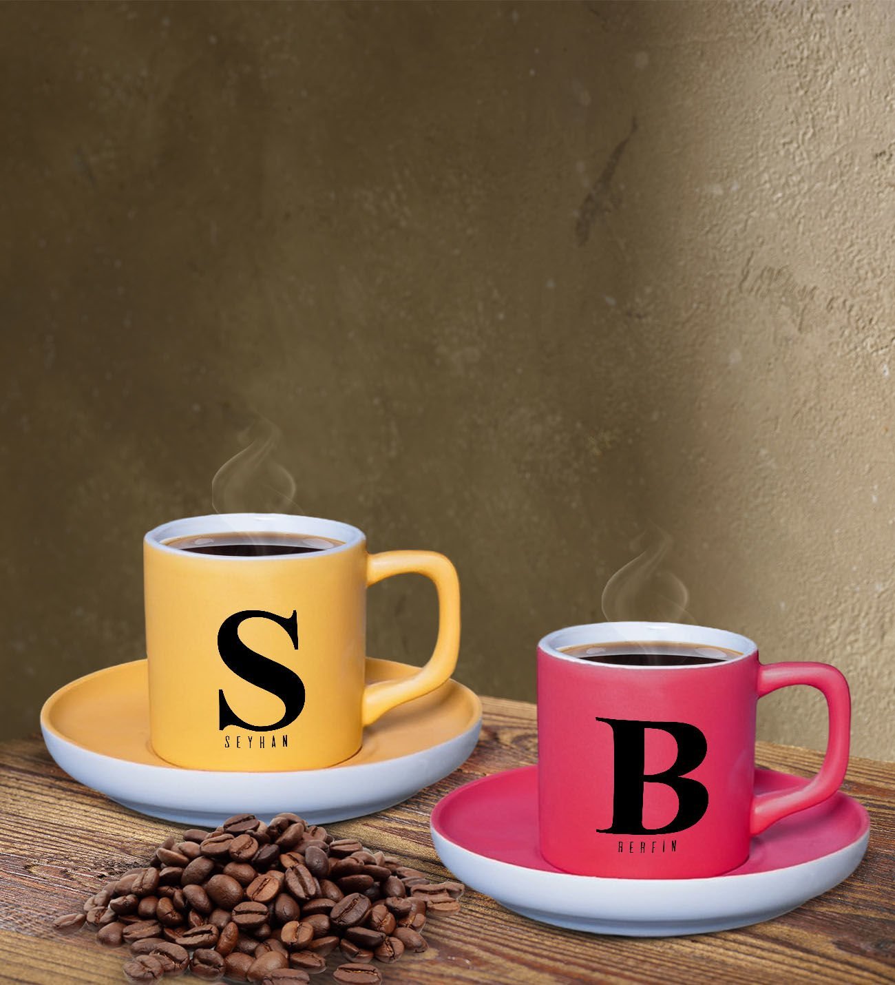 BK Gift Kişiye Özel Harfli İsimli Sarı ve Fuşya Renk İkili Türk Kahvesi Fincan Seti-1, Ev Hediyesi, Arkadaşa Hediye, Doğum Günü Hediyesi