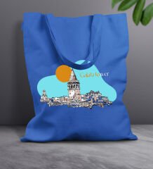 BK Gift İstanbul Tasarımlı-7 Mavi Kumaş Bez Çanta, Baskılı Omuz Çantası, Alışveriş Çantası, Arkadaşa Hediye
