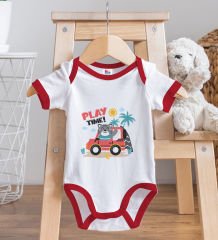 BK Kids Play Time Tasarımlı Kırmızı Bebek Body Zıbın ve Mama Önlüğü Hediye Seti-1