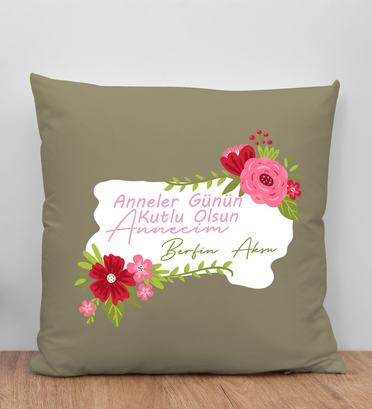 BK Gift Kişiye Özel İsimli Anneler Günü Tasarımlı Haki Kırlent Yastık, Anneye Hediye, Ev Dekorasyonu, Anneler Günü Hediyesi-6