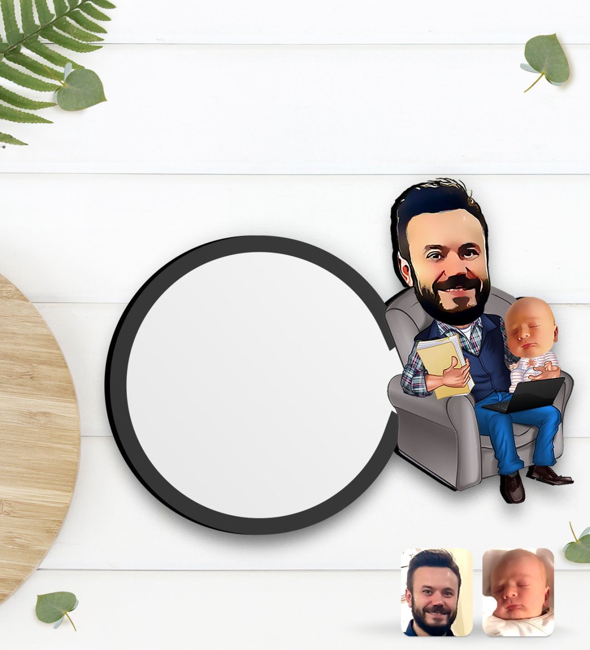 Kişiye Özel Baba Oğul Karikatürlü Ahşap Bardak Altlığı-1