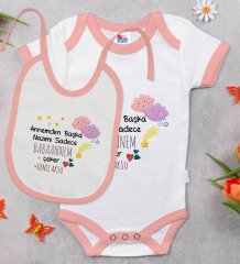 BK Kids Kişiye Özel Babaannem Tasarımlı Pembe Bebek Body Zıbın ve Mama Önlüğü Hediye Seti