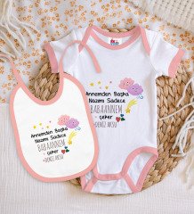 BK Kids Kişiye Özel Babaannem Tasarımlı Pembe Bebek Body Zıbın ve Mama Önlüğü Hediye Seti