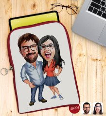 Kişiye Özel Sevgililer Karikatürlü Taşınabilir Koruyucu Tablet Kılıfı & Organizer Çanta - Kırmızı-105