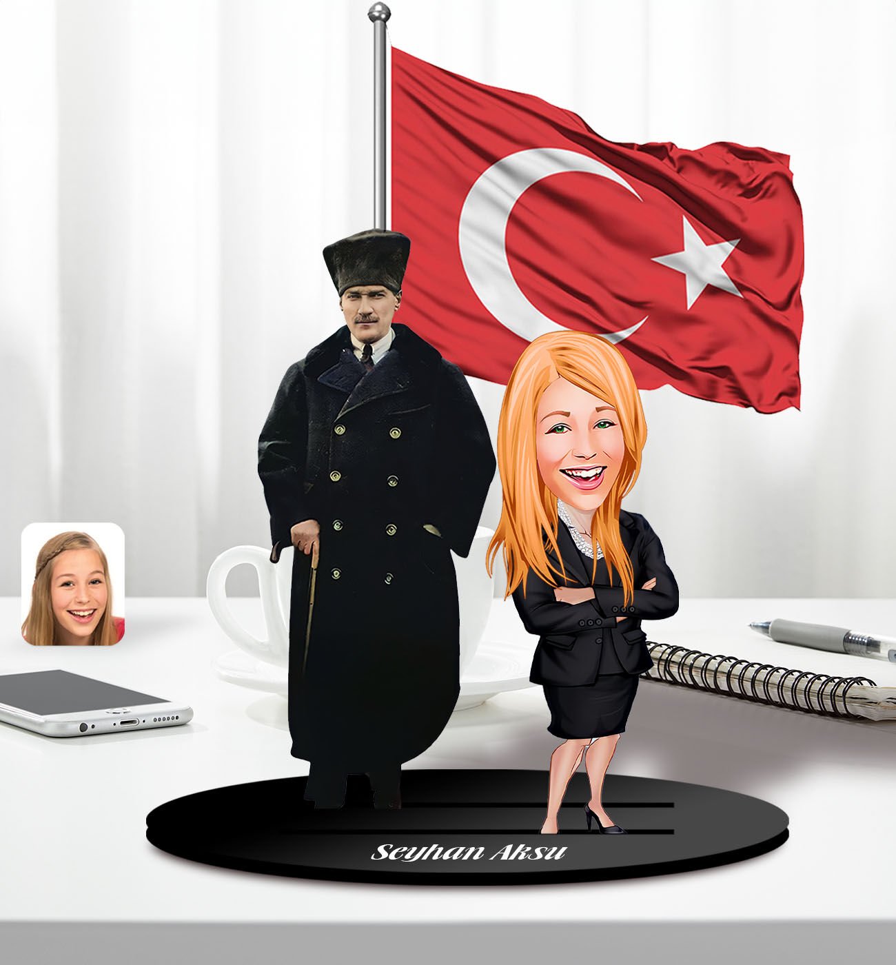 BK Gift Kişiye Özel Atatürk ve Kadın Öğretmen Temalı 2 Katmanlı Karikatürlü Ahşap Biblo- 3, Öğretmene Hediye, Öğretmenler Günü, 100. Yıl Hediyesi