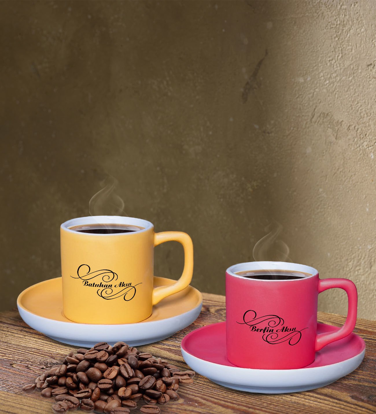 BK Gift Kişiye Özel İsimli Sarı ve Fuşya Renk İkili Türk Kahvesi Fincan Seti-3, Ev Hediyesi, Arkadaşa Hediye, Doğum Günü Hediyesi