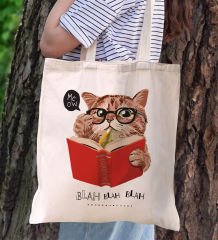 BK Gift Kedi Tasarımlı Kanvas Bez Çanta, Baskılı Omuz Çantası, Alışveriş Çantası, Plaj Çantası, Arkadaşa Hediye-5