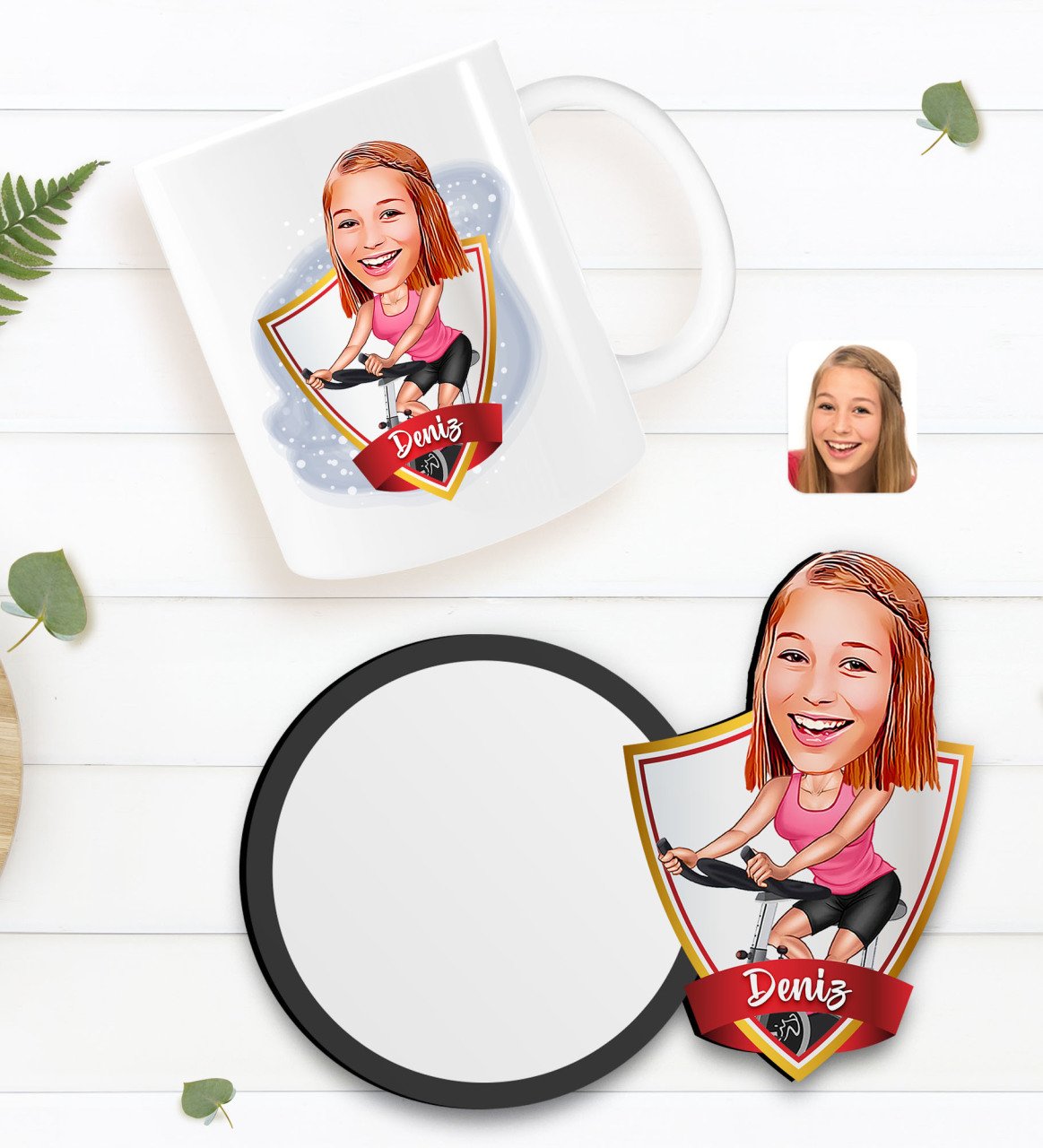 Kişiye Özel Kadın Fitness Sporcusu Karikatürlü Beyaz Kupa ve Ahşap Bardak Altlığı Hediye Seti-1