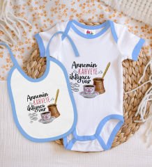 BK Kids Annemin Kahveye İhtiyacı Var Tasarımlı Mavi Bebek Body Zıbın ve Mama Önlüğü Hediye Seti-1