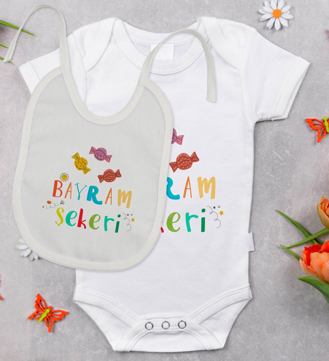 BK Kids Bayram Şekeri Tasarımlı Bebek Body Zıbın ve Mama Önlüğü Hediye Seti - Model 1